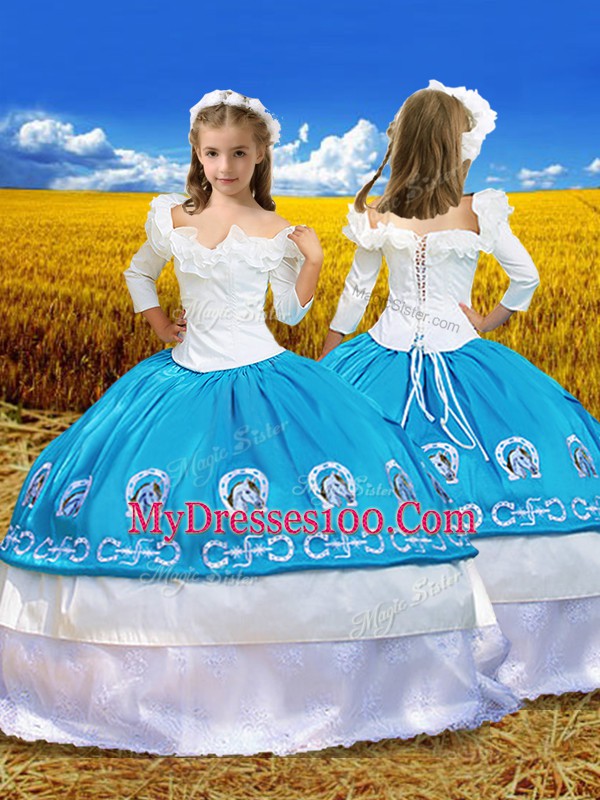 Artistic Off The Shoulder 3 4 Length Sleeve Quinceanera Dress Floor Length Embroidery Blue And White Taffeta