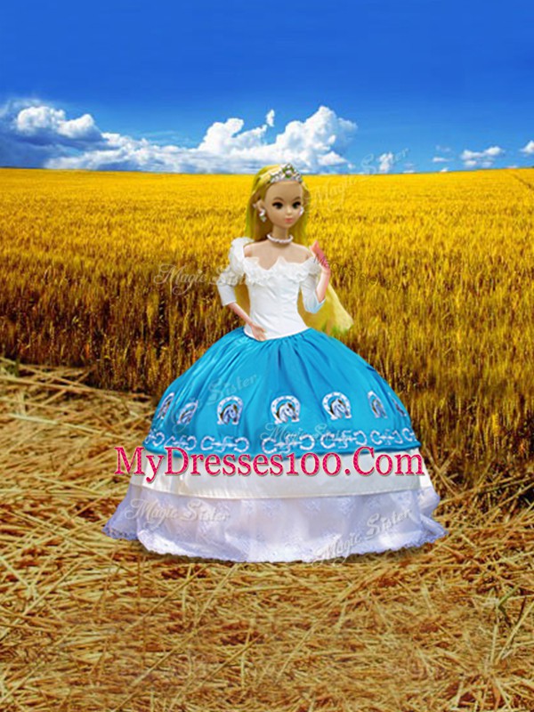 Artistic Off The Shoulder 3 4 Length Sleeve Quinceanera Dress Floor Length Embroidery Blue And White Taffeta
