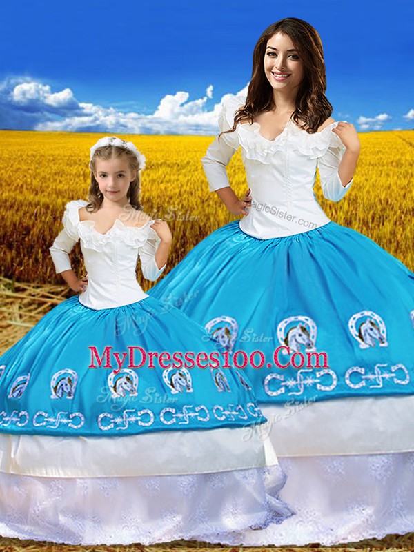 Artistic Off The Shoulder 3 4 Length Sleeve Quinceanera Dress Floor Length Embroidery Blue And White Taffeta