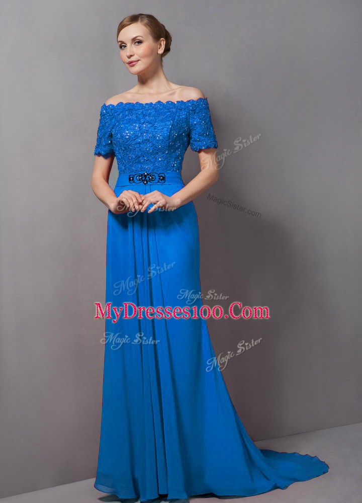 Blue Short Sleeves Chiffon Sweep Train Zipper Mother of Bride Dresses for Prom and Party