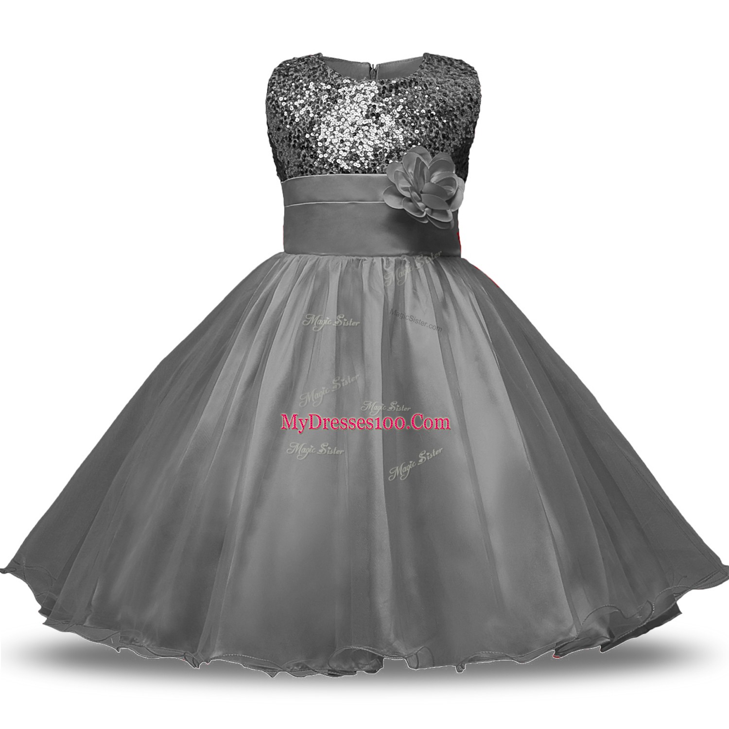Grey Zipper Scoop Bowknot and Belt and Hand Made Flower Flower Girl Dress Organza and Sequined Sleeveless