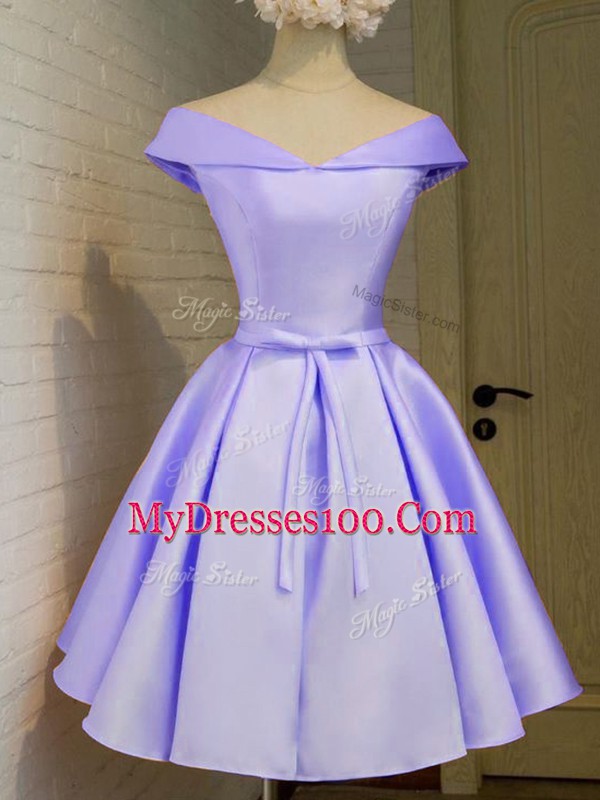 Most Popular Off The Shoulder Cap Sleeves Lace Up Bridesmaid Dresses Lavender Taffeta