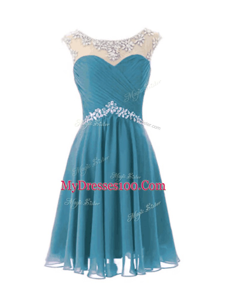 High Class Cap Sleeves Knee Length Beading Zipper Prom Dresses with Teal