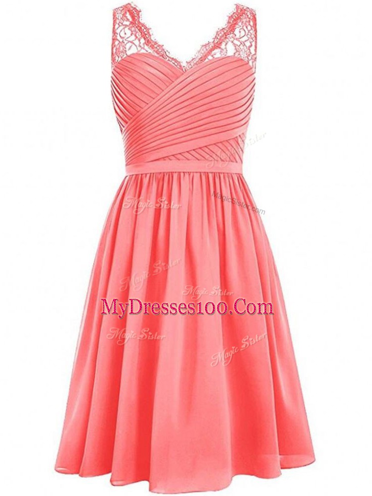 Modern Watermelon Red Empire V-neck Sleeveless Chiffon Knee Length Side Zipper Lace and Ruching Bridesmaids Dress