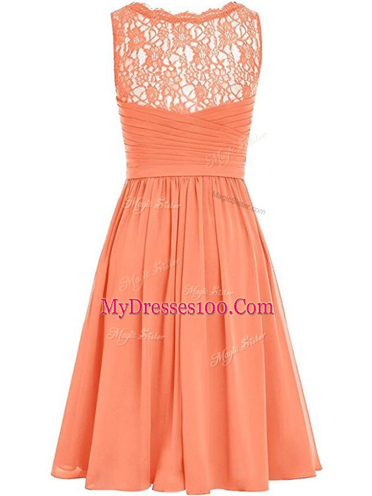 Modern Watermelon Red Empire V-neck Sleeveless Chiffon Knee Length Side Zipper Lace and Ruching Bridesmaids Dress