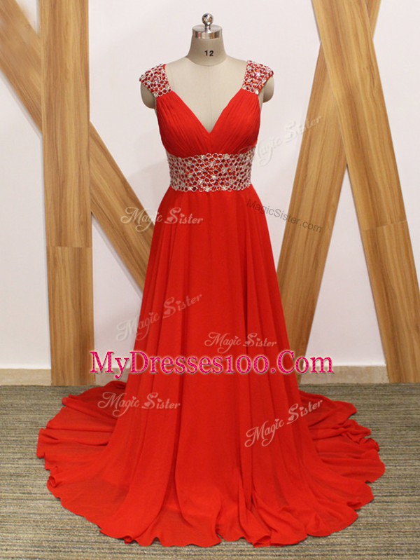 New Arrival Red Empire V-neck Sleeveless Chiffon Brush Train Backless Beading Prom Evening Gown