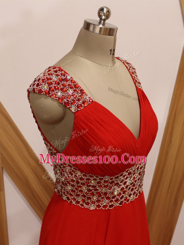 New Arrival Red Empire V-neck Sleeveless Chiffon Brush Train Backless Beading Prom Evening Gown