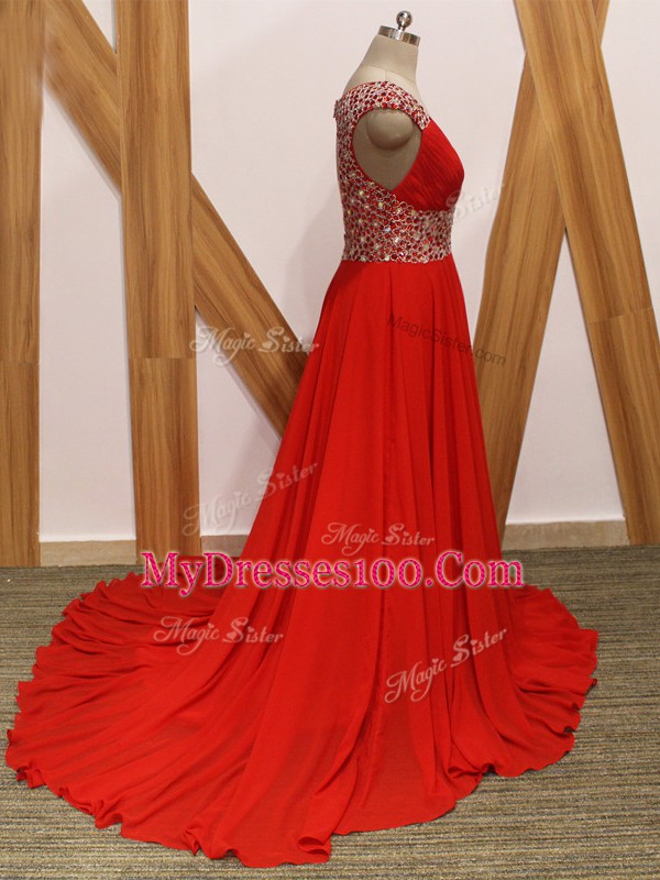 New Arrival Red Empire V-neck Sleeveless Chiffon Brush Train Backless Beading Prom Evening Gown
