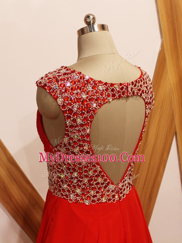 New Arrival Red Empire V-neck Sleeveless Chiffon Brush Train Backless Beading Prom Evening Gown