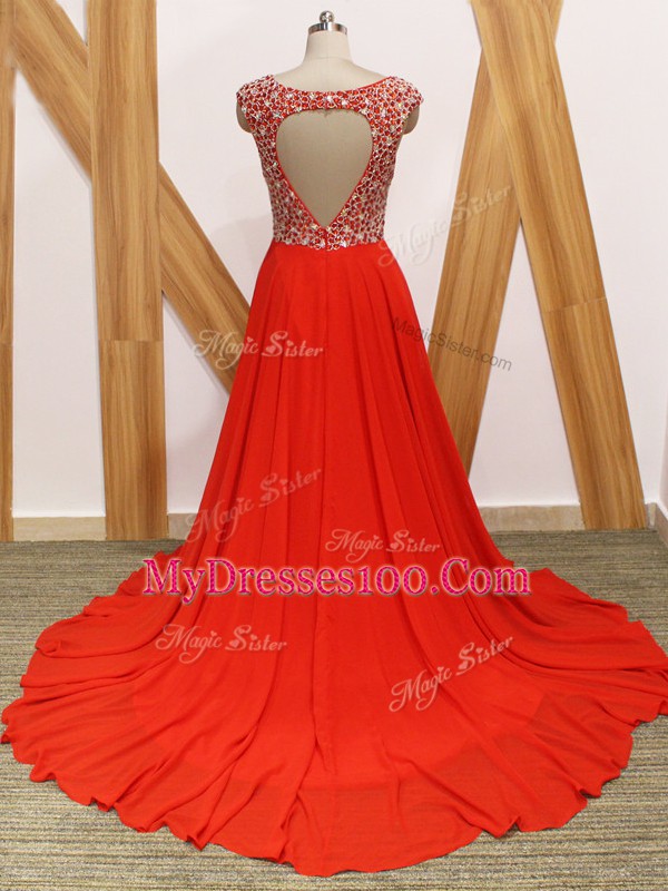 New Arrival Red Empire V-neck Sleeveless Chiffon Brush Train Backless Beading Prom Evening Gown
