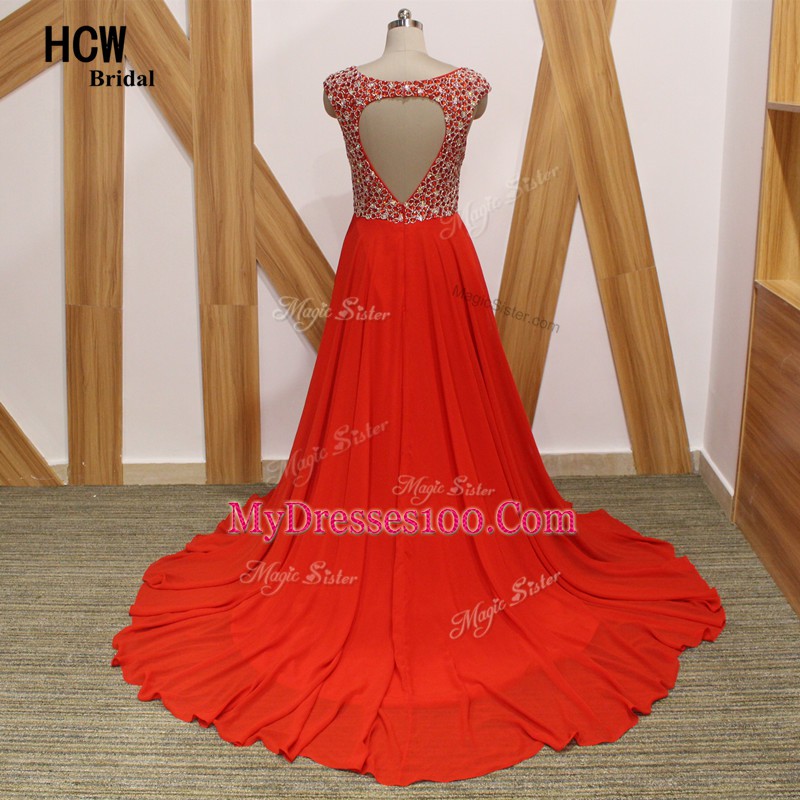 New Arrival Red Empire V-neck Sleeveless Chiffon Brush Train Backless Beading Prom Evening Gown