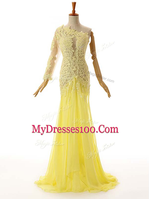 Free and Easy Light Yellow Column/Sheath Lace and Appliques Evening Dress Side Zipper Chiffon and Tulle Sleeveless Floor Length
