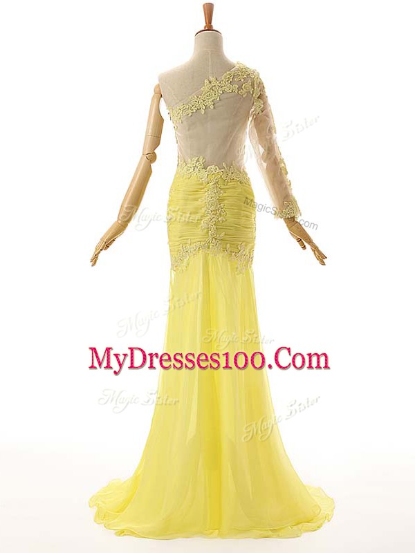 Free and Easy Light Yellow Column/Sheath Lace and Appliques Evening Dress Side Zipper Chiffon and Tulle Sleeveless Floor Length