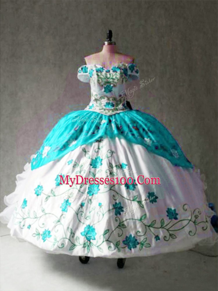 Gorgeous Multi-color Organza and Taffeta Lace Up Off The Shoulder Cap Sleeves Floor Length Vestidos de Quinceanera Embroidery and Ruffles