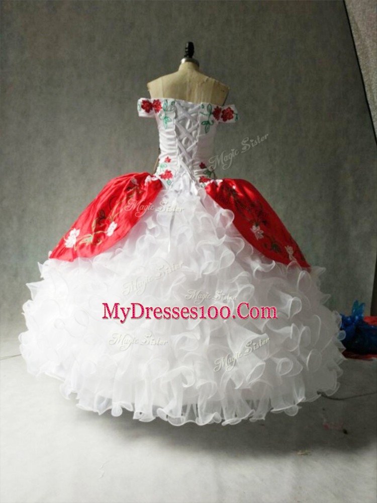 Gorgeous Multi-color Organza and Taffeta Lace Up Off The Shoulder Cap Sleeves Floor Length Vestidos de Quinceanera Embroidery and Ruffles