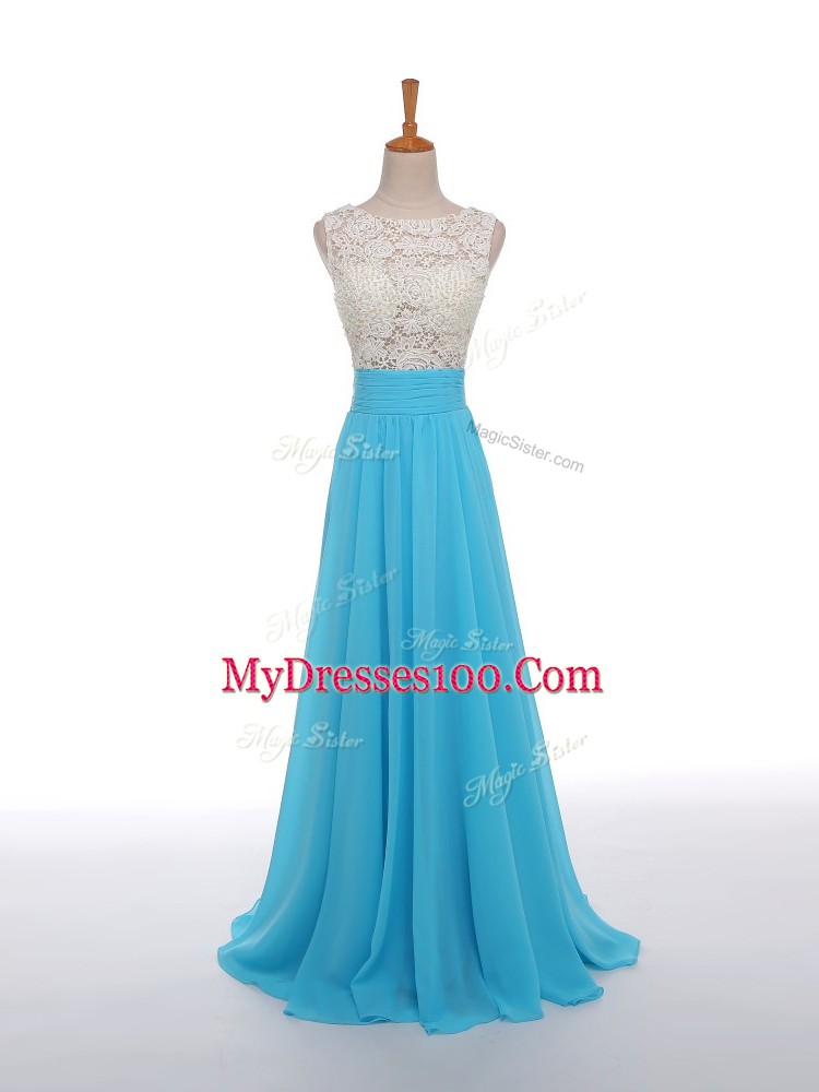 Smart Baby Blue Scoop Neckline Lace and Appliques Prom Dresses Sleeveless Side Zipper