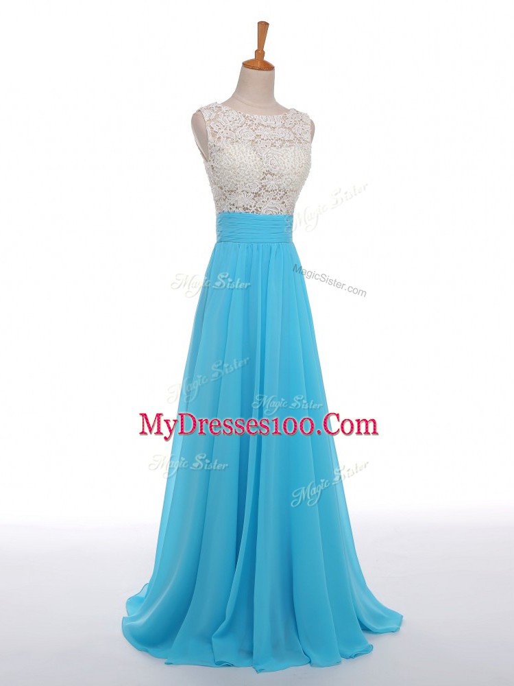 Smart Baby Blue Scoop Neckline Lace and Appliques Prom Dresses Sleeveless Side Zipper