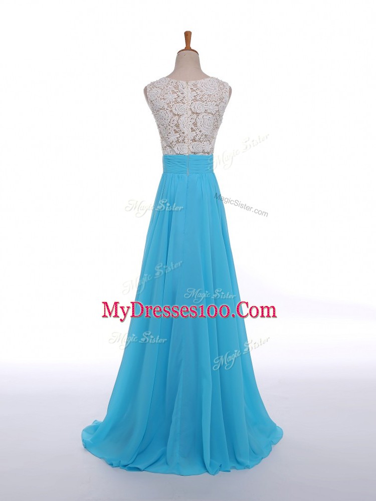 Smart Baby Blue Scoop Neckline Lace and Appliques Prom Dresses Sleeveless Side Zipper
