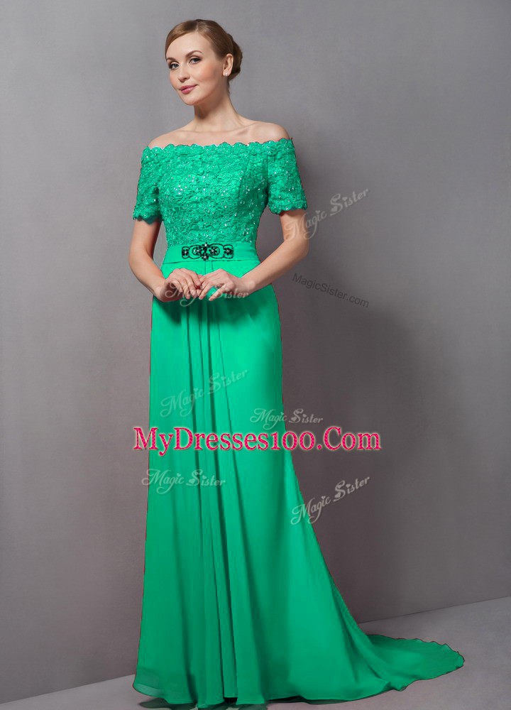 Popular Green Mother Of The Bride Dress Off The Shoulder Short Sleeves Sweep Train Zipper