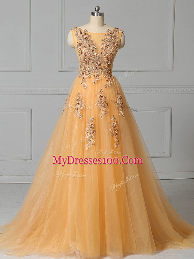 Modest Gold Sleeveless Brush Train Appliques and Pattern Evening Dress