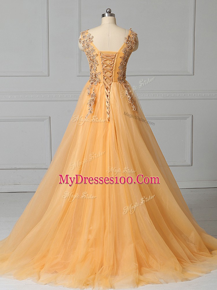 Modest Gold Sleeveless Brush Train Appliques and Pattern Evening Dress