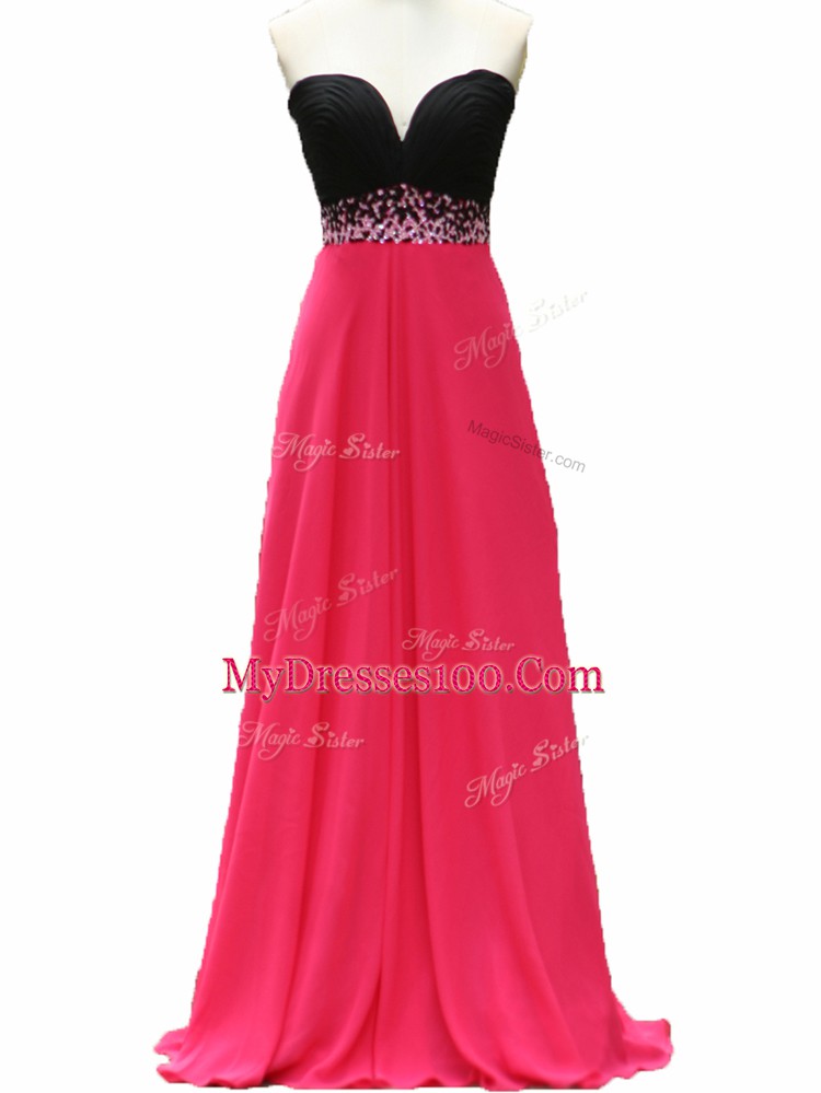 Cheap Floor Length Zipper Homecoming Dress Pink And Black for Prom and Party and Military Ball and Sweet 16 with Beading
