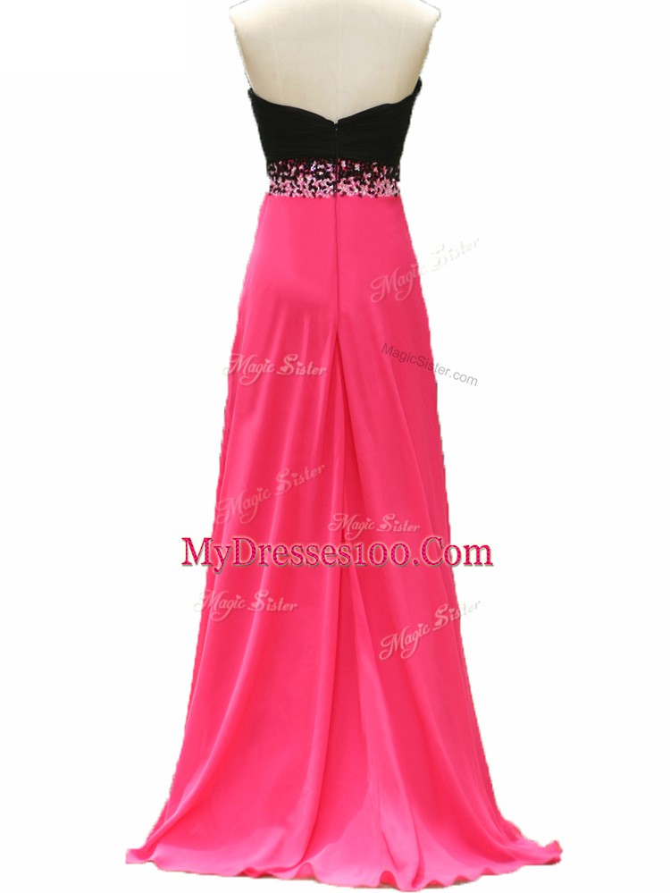 Cheap Floor Length Zipper Homecoming Dress Pink And Black for Prom and Party and Military Ball and Sweet 16 with Beading