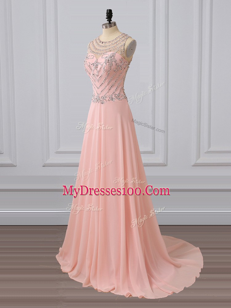 Beading Prom Evening Gown Peach Side Zipper Sleeveless Brush Train
