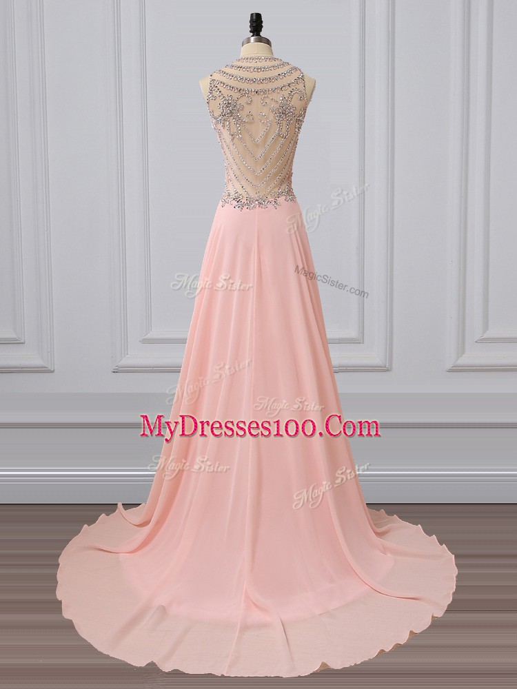 Beading Prom Evening Gown Peach Side Zipper Sleeveless Brush Train