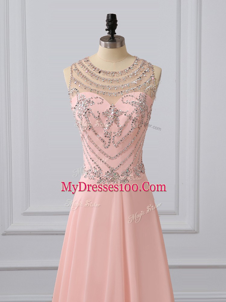 Beading Prom Evening Gown Peach Side Zipper Sleeveless Brush Train