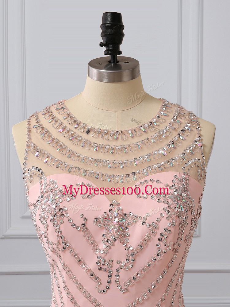 Beading Prom Evening Gown Peach Side Zipper Sleeveless Brush Train