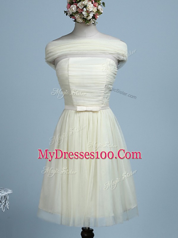 Mini Length Light Yellow Bridesmaid Dress Tulle Sleeveless Belt