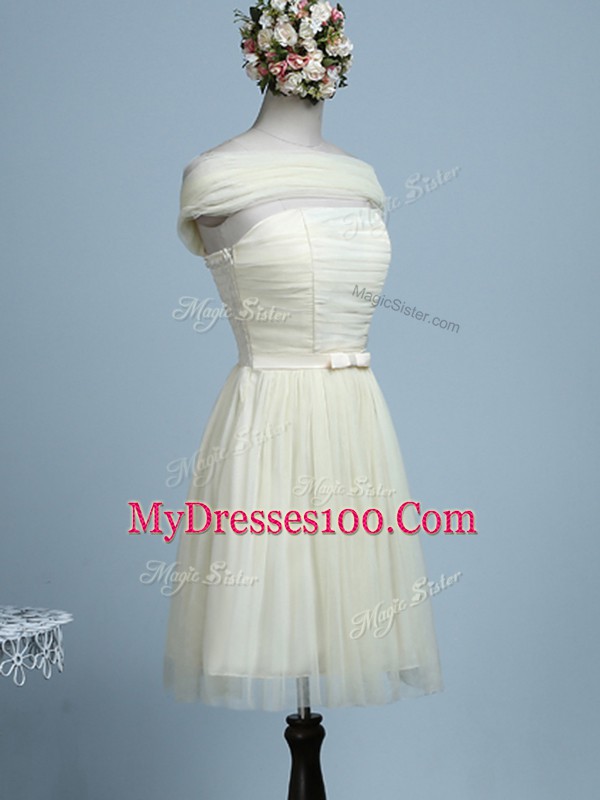 Mini Length Light Yellow Bridesmaid Dress Tulle Sleeveless Belt