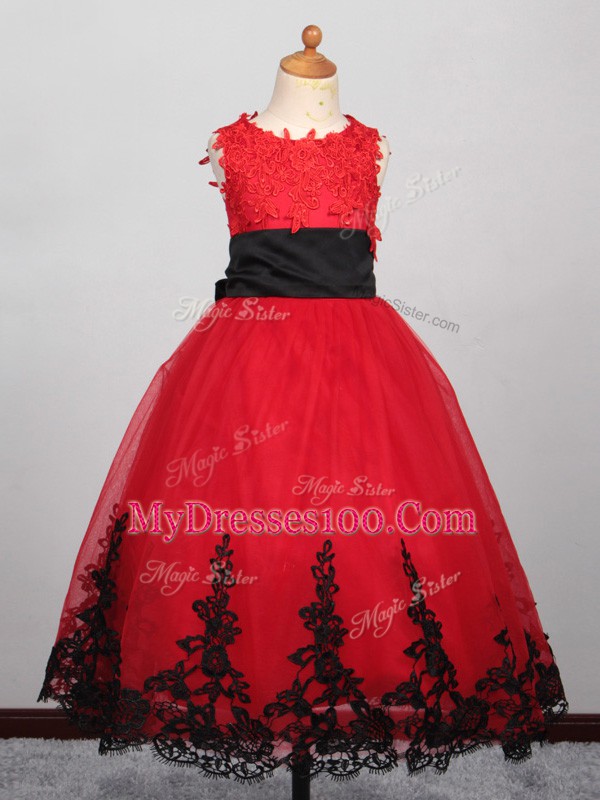 Floor Length Red Little Girl Pageant Dress Tulle Sleeveless Appliques