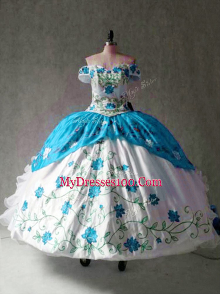 Blue And White 15th Birthday Dress Military Ball and Sweet 16 and Quinceanera with Embroidery and Ruffles Off The Shoulder Cap Sleeves Lace Up