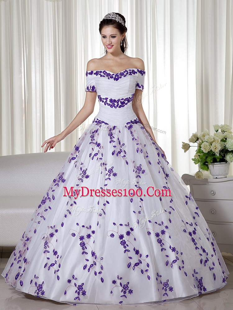 Comfortable Embroidery Vestidos de Quinceanera White Lace Up Short Sleeves Floor Length