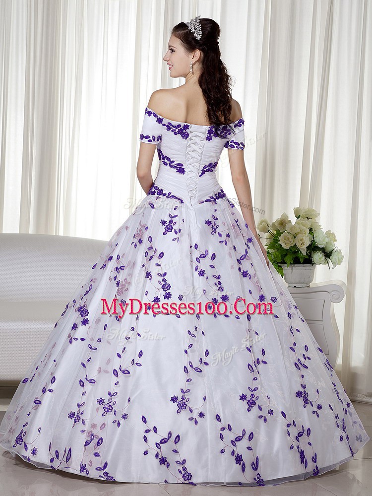 Comfortable Embroidery Vestidos de Quinceanera White Lace Up Short Sleeves Floor Length