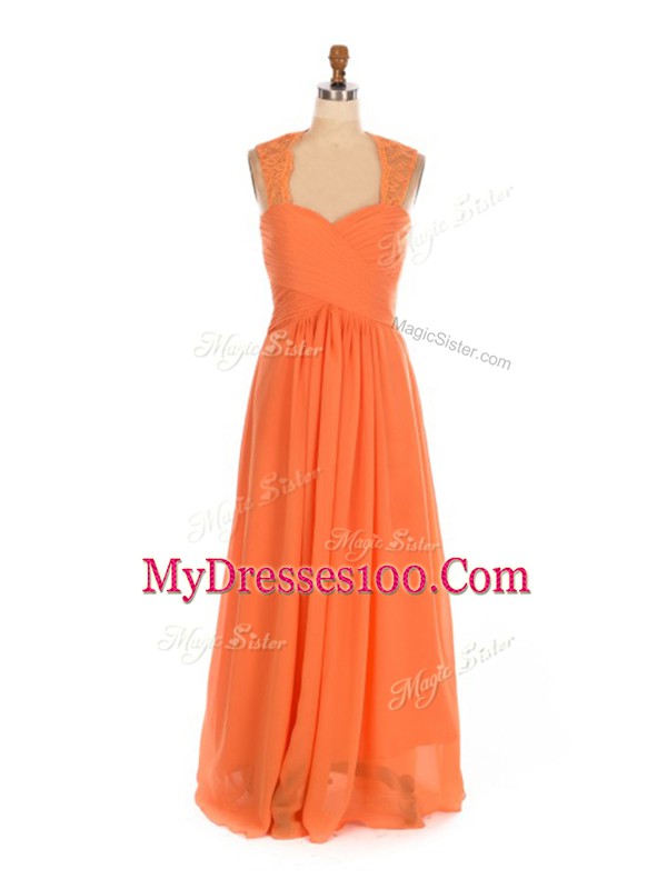 Romantic Empire Quinceanera Court of Honor Dress Orange Red Straps Chiffon Sleeveless Floor Length Lace Up