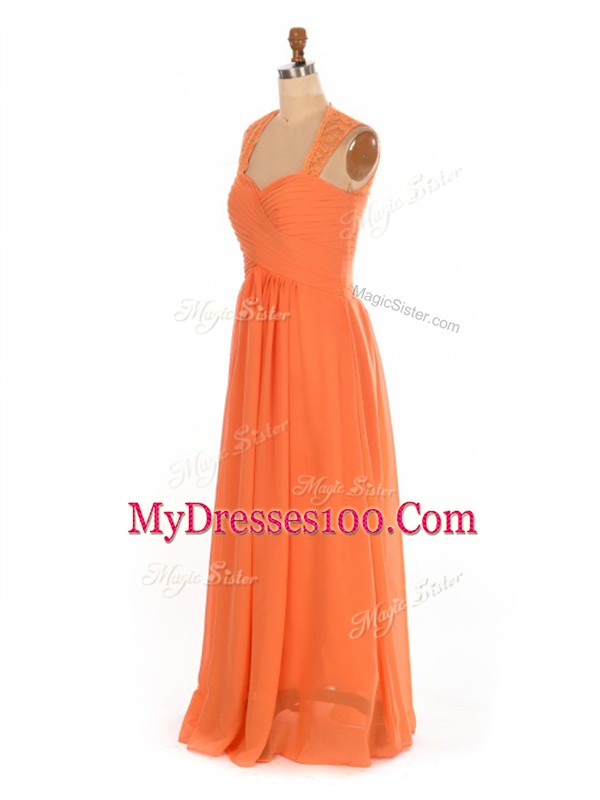 Romantic Empire Quinceanera Court of Honor Dress Orange Red Straps Chiffon Sleeveless Floor Length Lace Up
