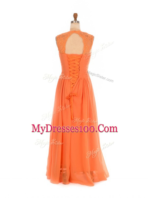 Romantic Empire Quinceanera Court of Honor Dress Orange Red Straps Chiffon Sleeveless Floor Length Lace Up