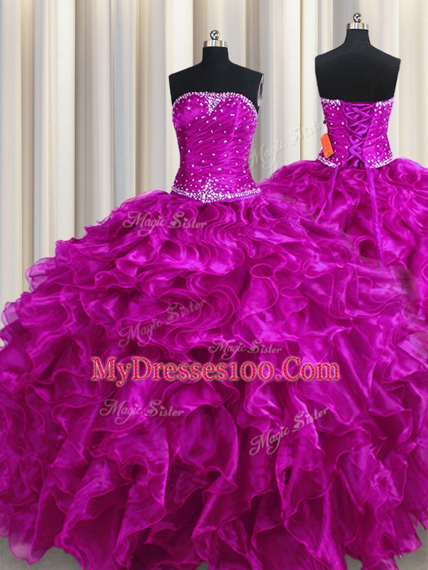 Beautiful Fuchsia Ball Gowns Beading and Ruffles Quinceanera Gown Lace Up Organza Sleeveless Floor Length