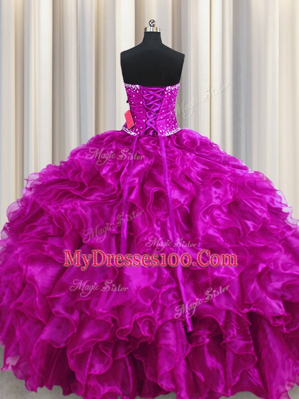Beautiful Fuchsia Ball Gowns Beading and Ruffles Quinceanera Gown Lace Up Organza Sleeveless Floor Length