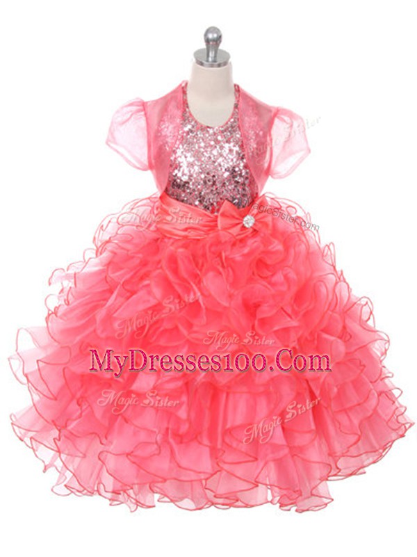 High End Sleeveless Floor Length Ruffles and Sequins and Bowknot Lace Up Little Girls Pageant Gowns with Coral Red