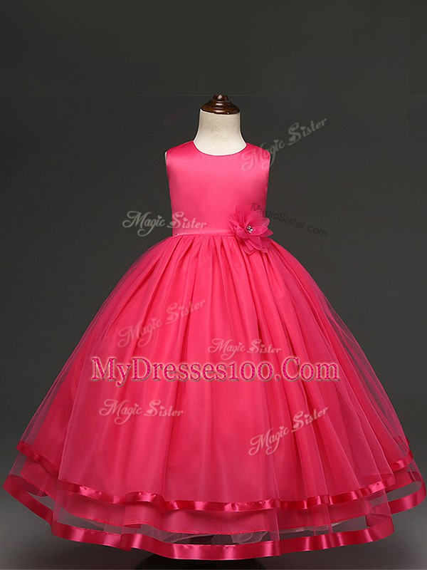 Stylish Hot Pink Zipper Scoop Hand Made Flower Kids Pageant Dress Tulle Sleeveless