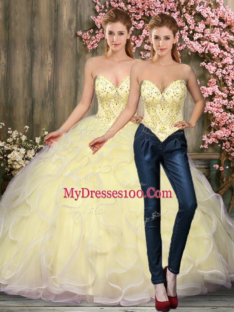 Floor Length Light Yellow Quinceanera Gowns Tulle Sleeveless Beading and Ruffles