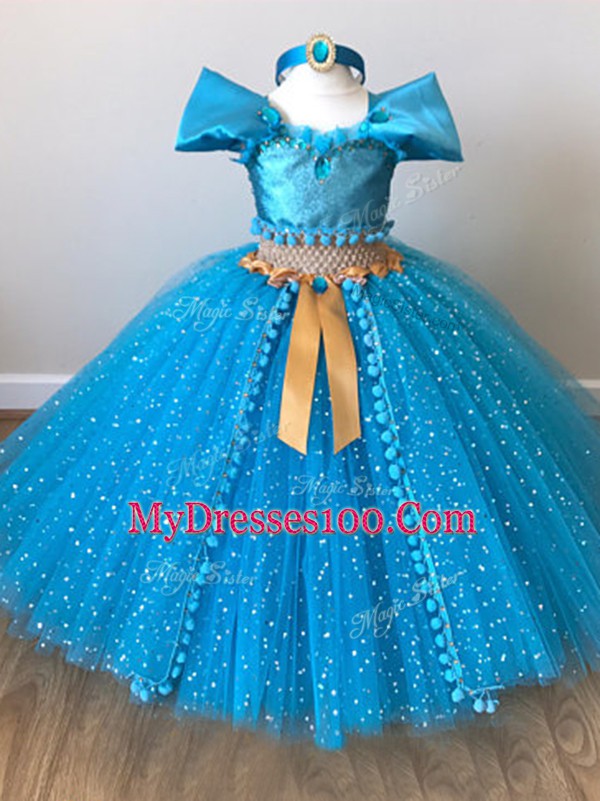 Most Popular Baby Blue Ball Gowns Sequins and Belt Child Pageant Dress Zipper Tulle Cap Sleeves Floor Length