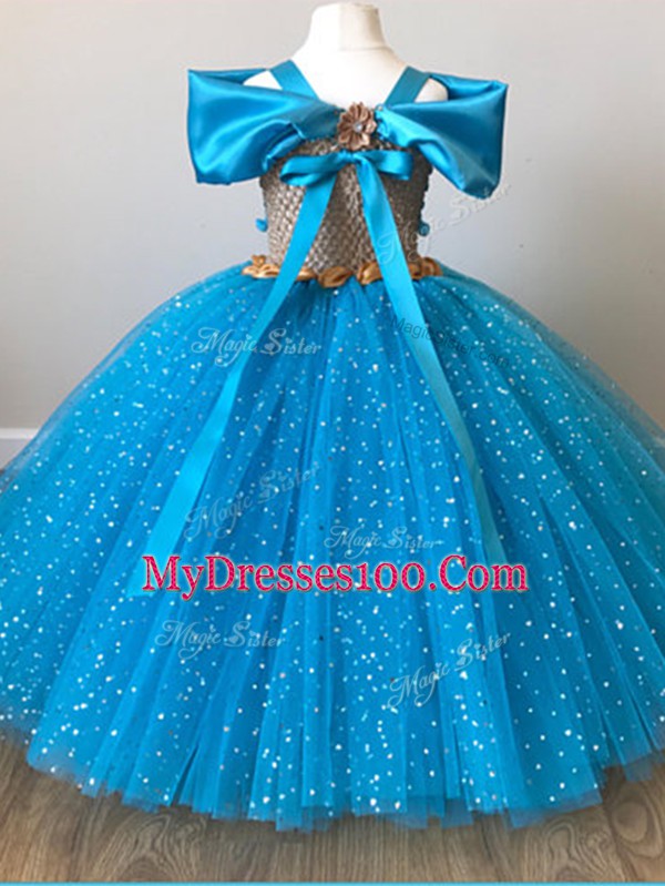 Most Popular Baby Blue Ball Gowns Sequins and Belt Child Pageant Dress Zipper Tulle Cap Sleeves Floor Length