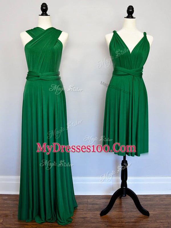 Dark Green Empire Chiffon Halter Top Sleeveless Ruching Floor Length Lace Up Bridesmaids Dress