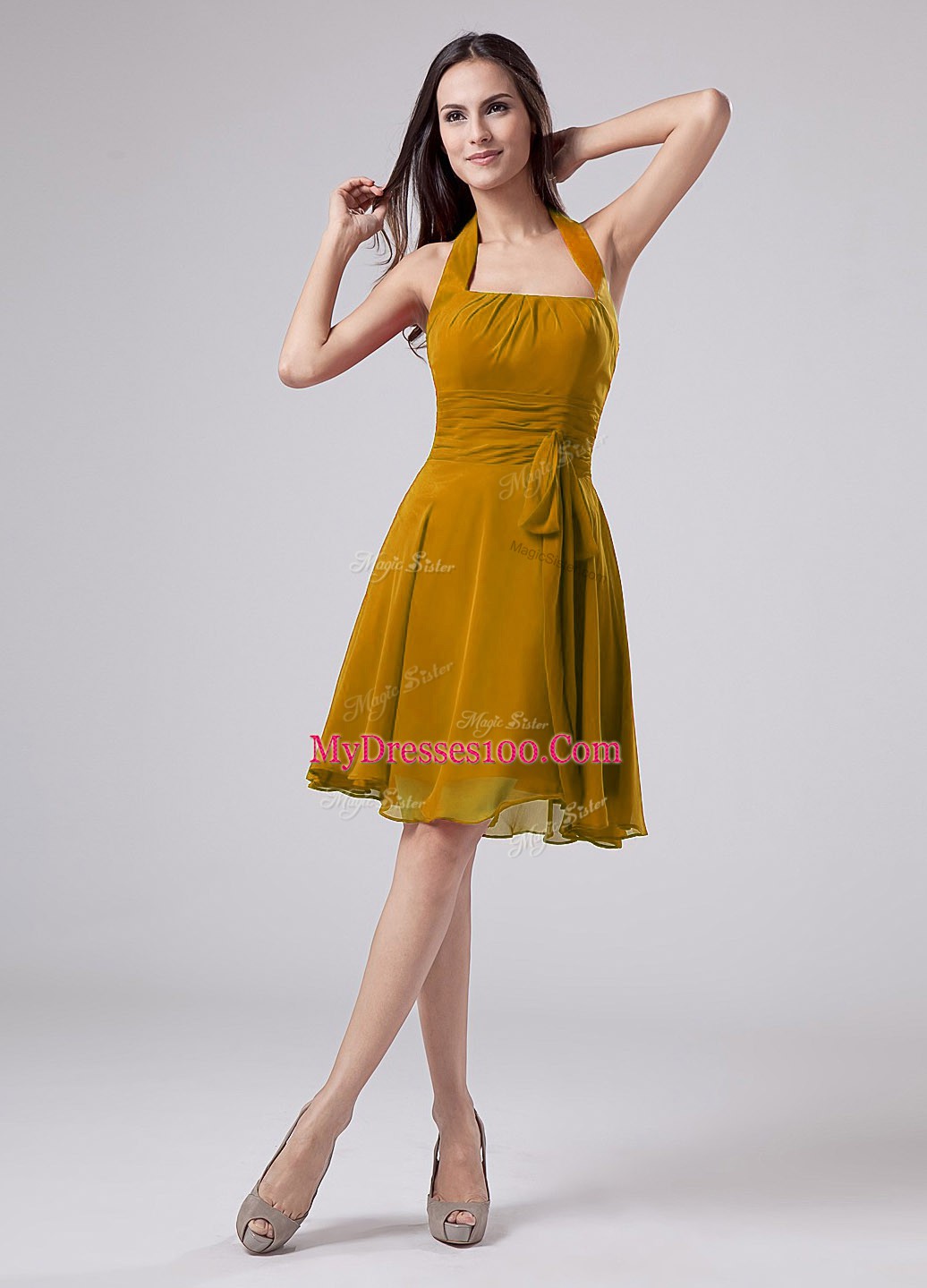 Best Selling Brown Zipper Halter Top Ruching Mother of Bride Dresses Chiffon Sleeveless