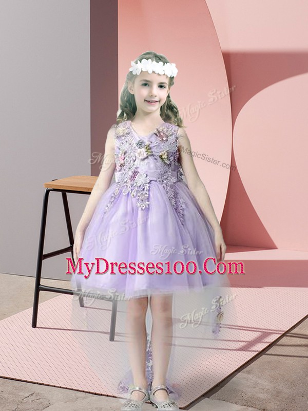 Dynamic Lavender Ball Gowns Tulle V-neck Sleeveless Lace and Bowknot High Low Zipper Toddler Flower Girl Dress